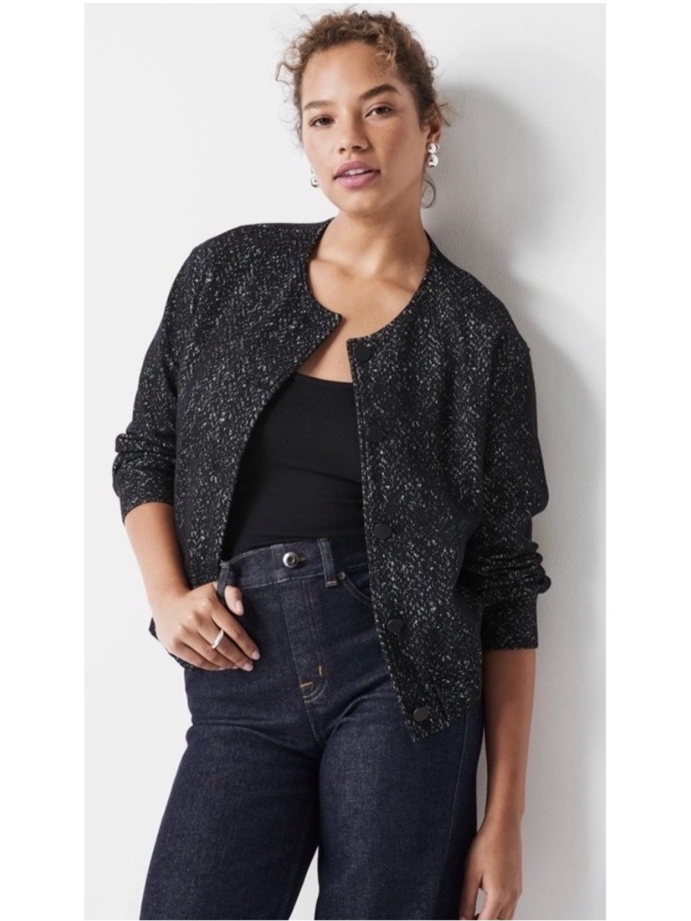 Spanx Jacket Ponte Bomber Black Metallic Knit Cropped Casual Office‎ Work Medium
